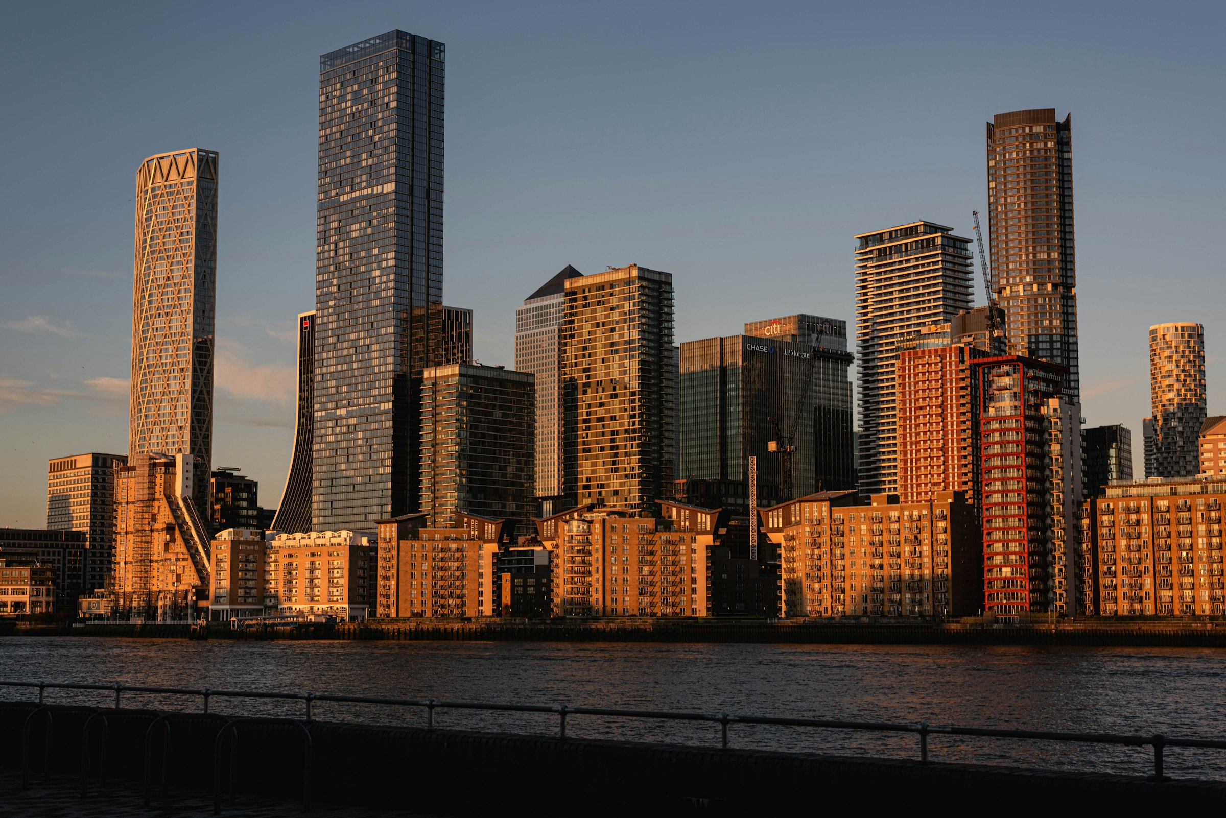 Financial district towers at golden hour